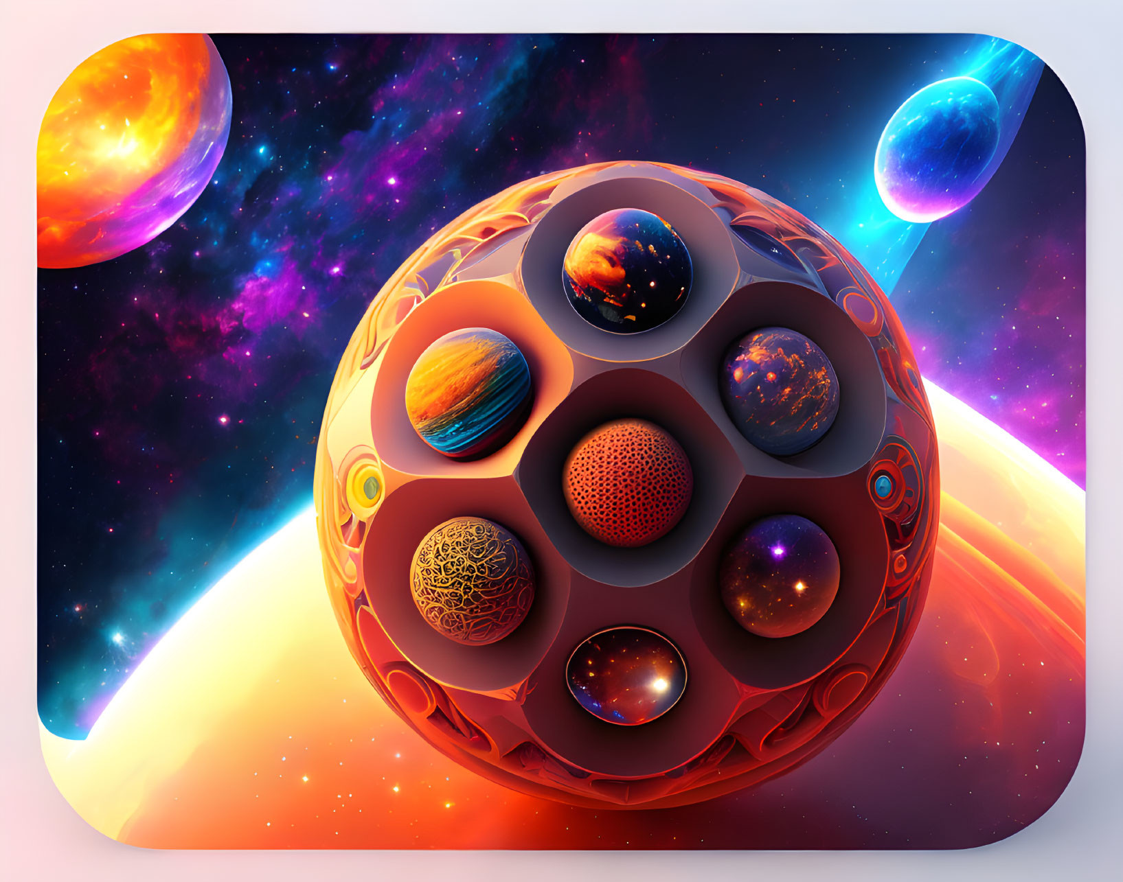 Surreal Sci-Fi Image: Spherical Structure with Cosmic Orbs in Space