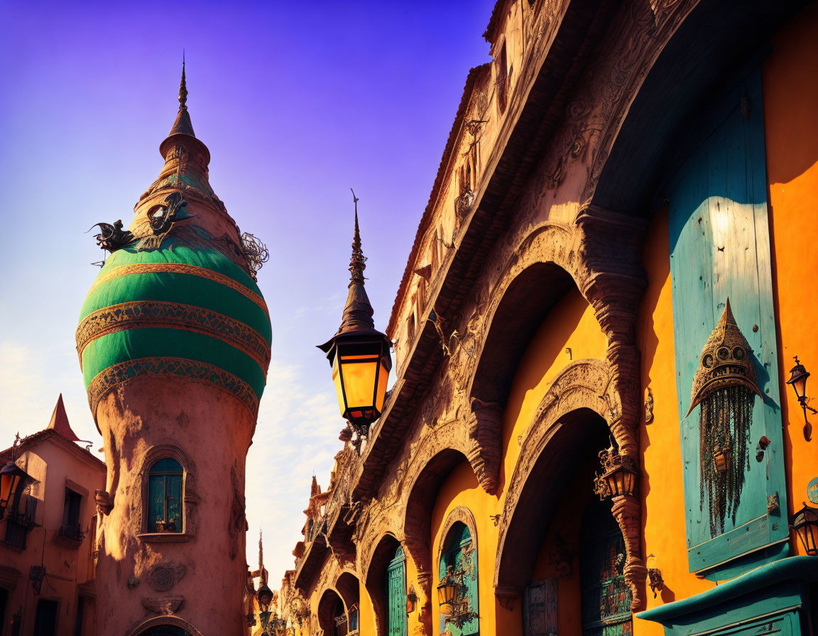 Colorful Ornate Buildings in Vibrant Street at Sunset