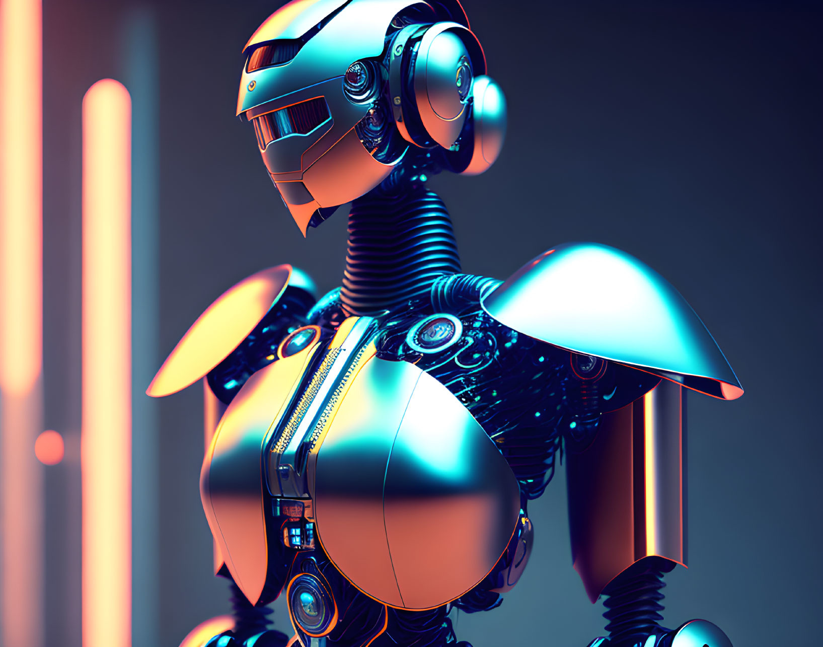 Detailed Metallic Blue and Silver Futuristic Robot on Neon-lit Background