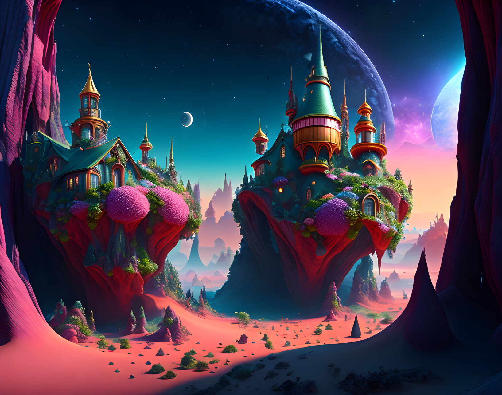 Vibrant castles on rock formations under a night sky with planet and crescent moon