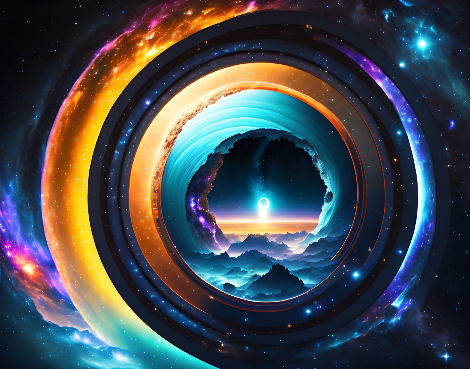 Colorful Surreal Space Scene with Circular Layers and Glowing Central Point