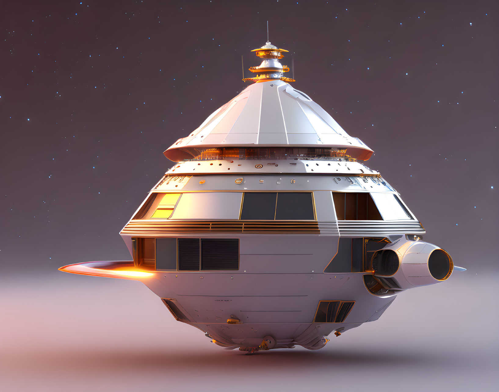 Conical Retro-Futuristic Spacecraft with Lit Engines and Detailed Panels