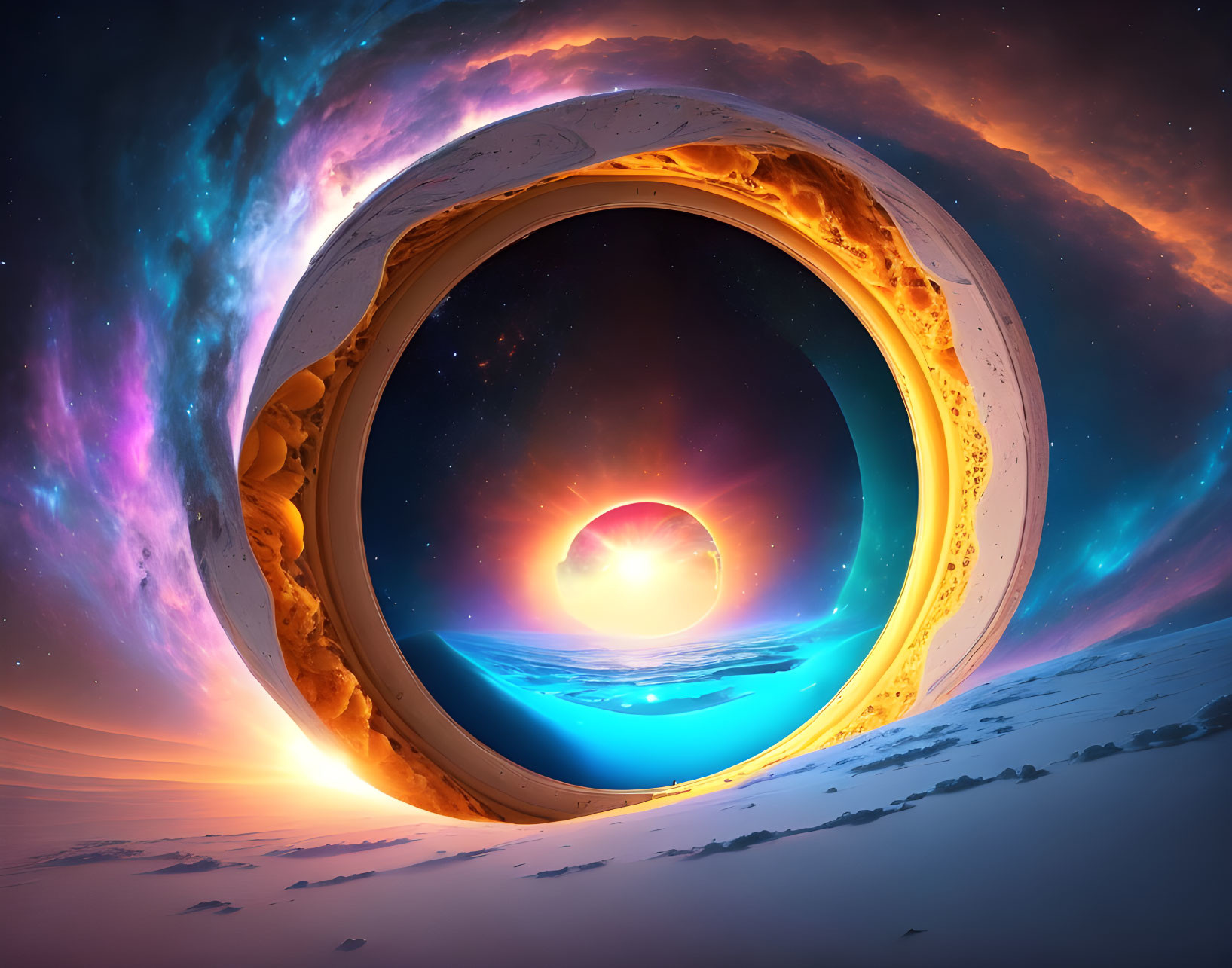 Surreal landscape with circular portal framing fiery sunset and cosmic starry background.