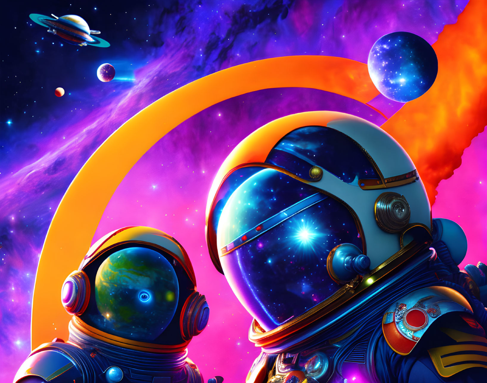 Astronauts in space suits with cosmic backdrop, planets, star, comet tail