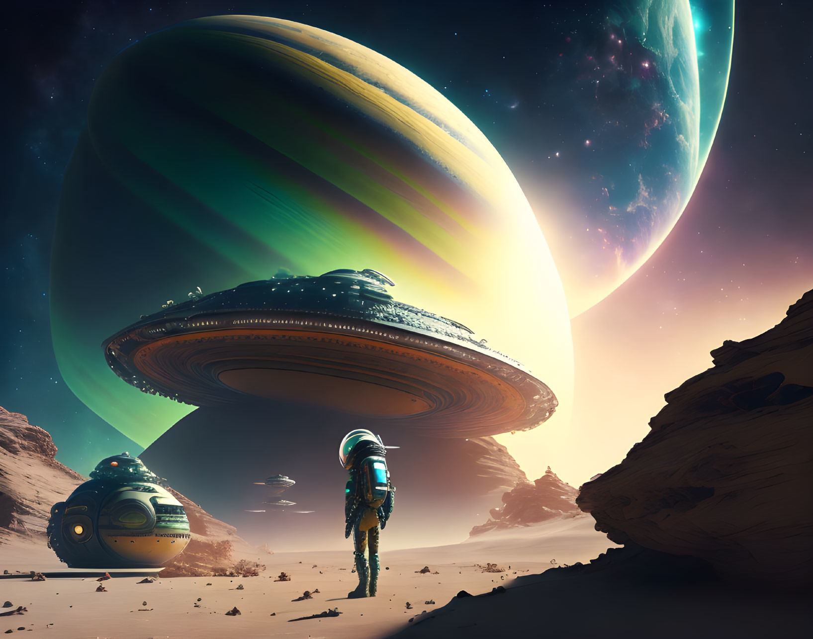 Astronaut on alien landscape with spaceship and giant planets.