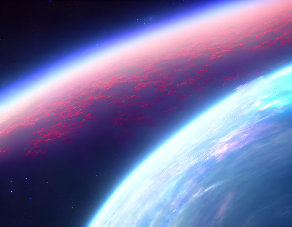 Curvature of Earth against space backdrop with vibrant atmosphere.