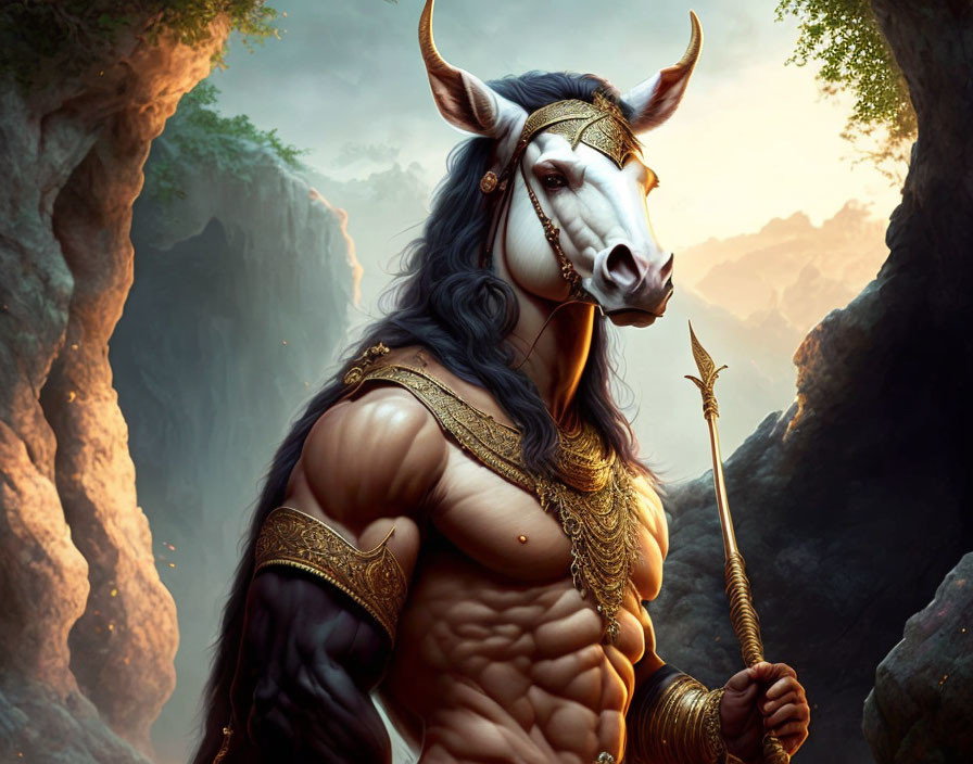 Bull-headed humanoid in golden armor with spear in mystical forest