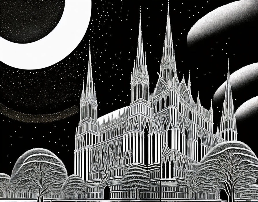 Monochrome gothic cathedral under celestial sky with planets and moon