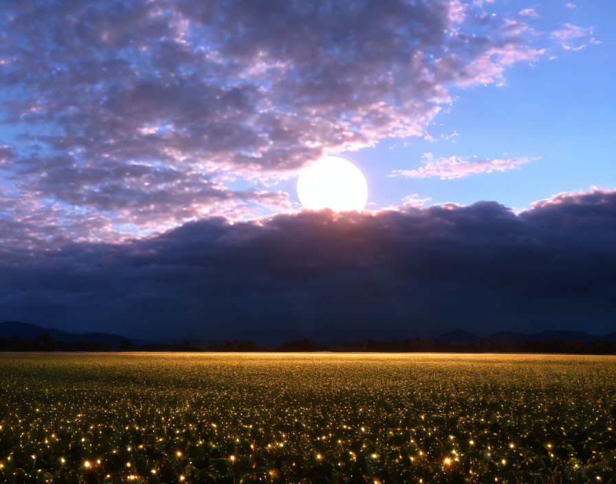 Luminous field with glowing flowers under dramatic dusk sky and setting sun behind mountains.