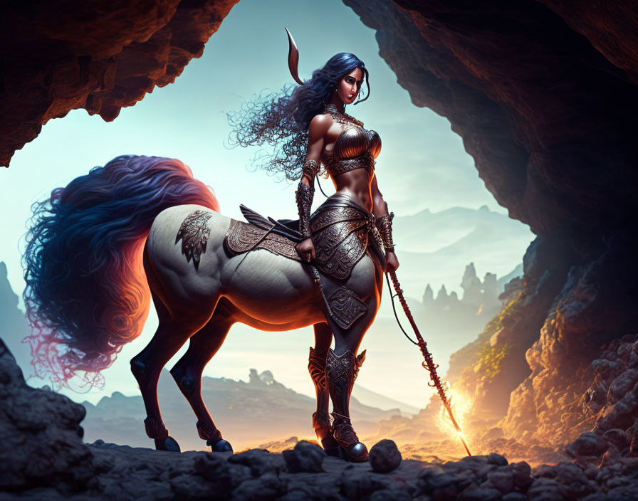 Warrior woman in ornate armor with horse in mystical cave setting