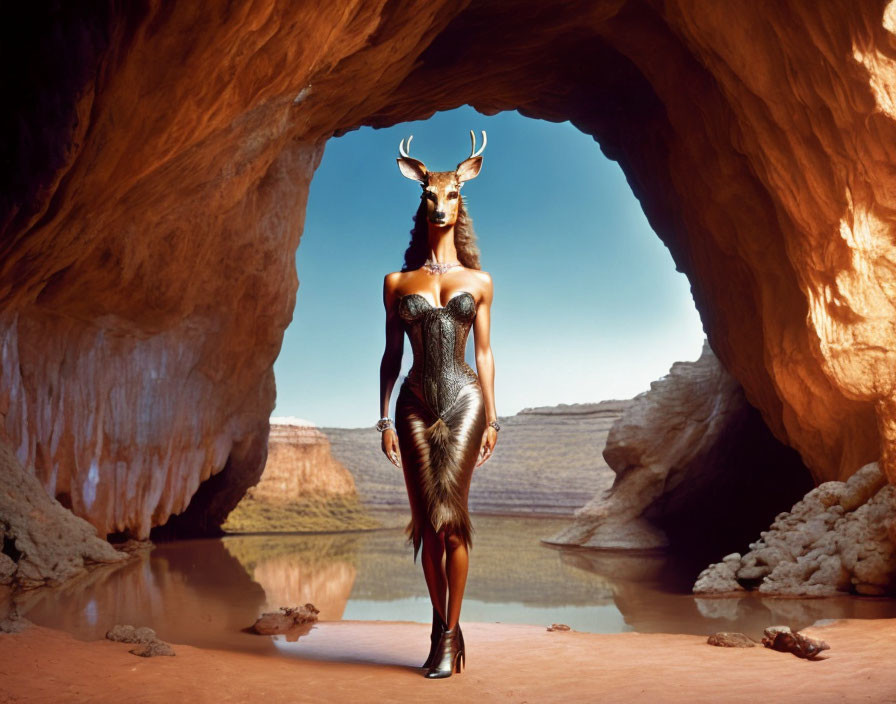 Stag-headed figure in cave wearing black outfit and heels