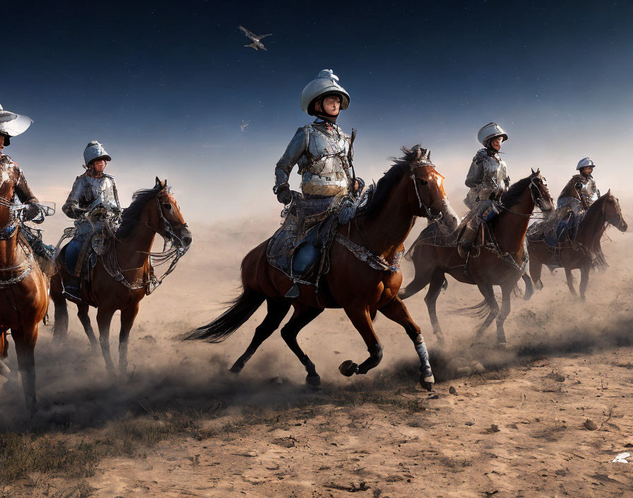 Four horseback riders in historic armor gallop under hazy sky with airplane above