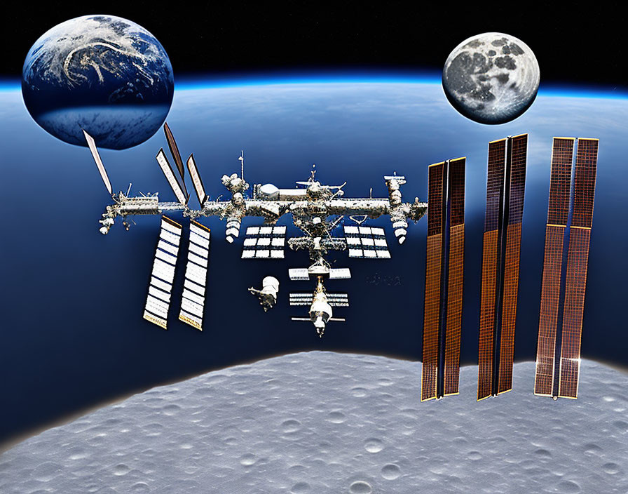 Space Station orbits above Moon and Earth in space scene