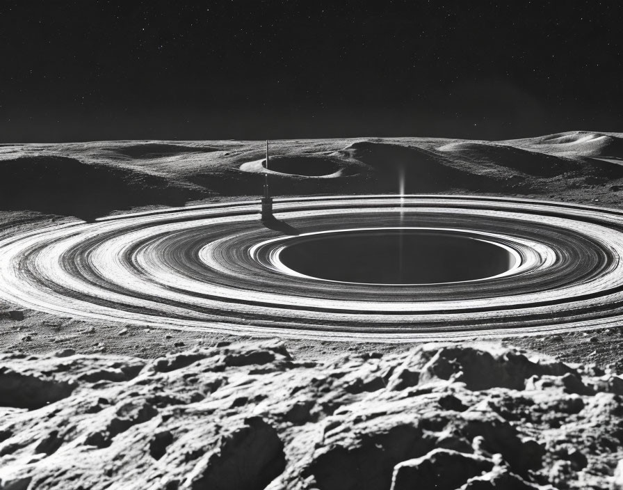 Monochrome artwork of celestial body with ring structures and tower-like feature