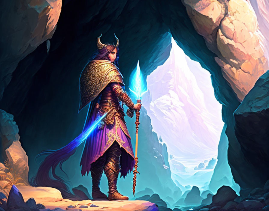 Warrior in ornate armor with glowing staff at cave entrance