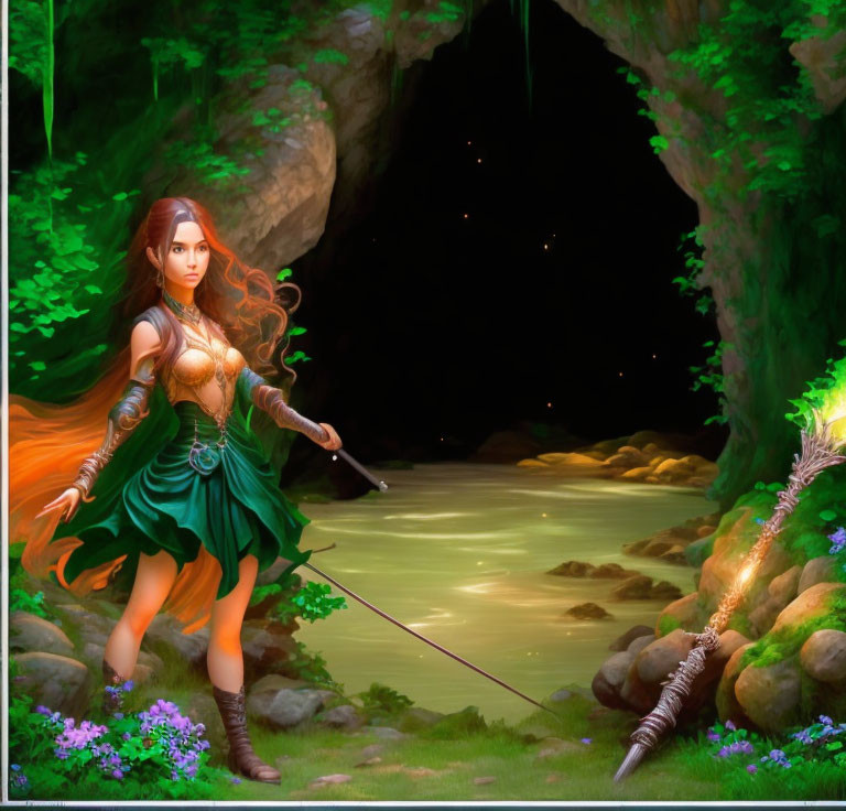 Female warrior with long hair in green fantasy outfit by glowing river in enchanted forest cave