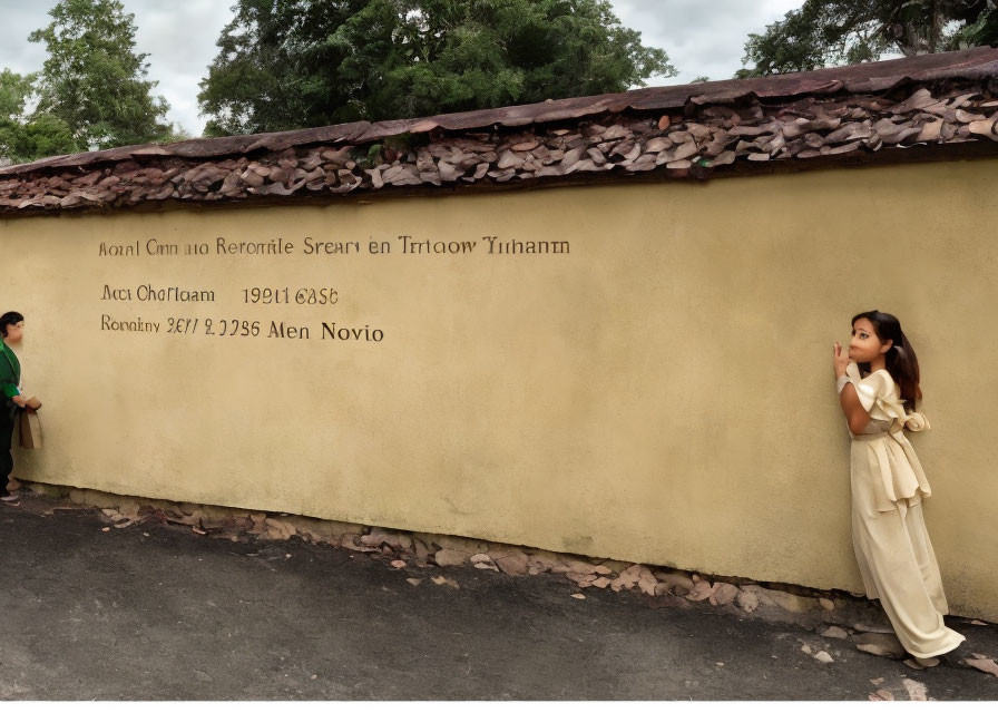 Young girl in cream outfit peeking over rustic wall with tree-lined background