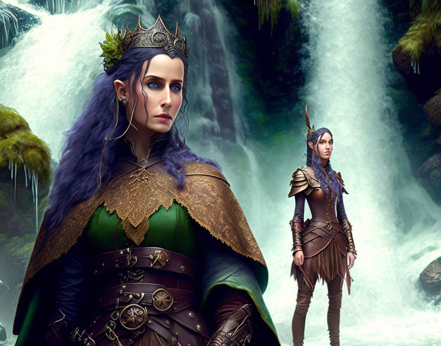 Fantasy digital artwork featuring majestic elves by a waterfall