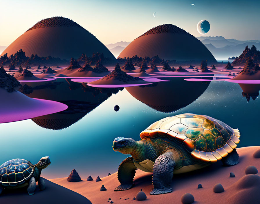 Surreal desert landscape with turtles, purple rivers, moons, and floating rocks