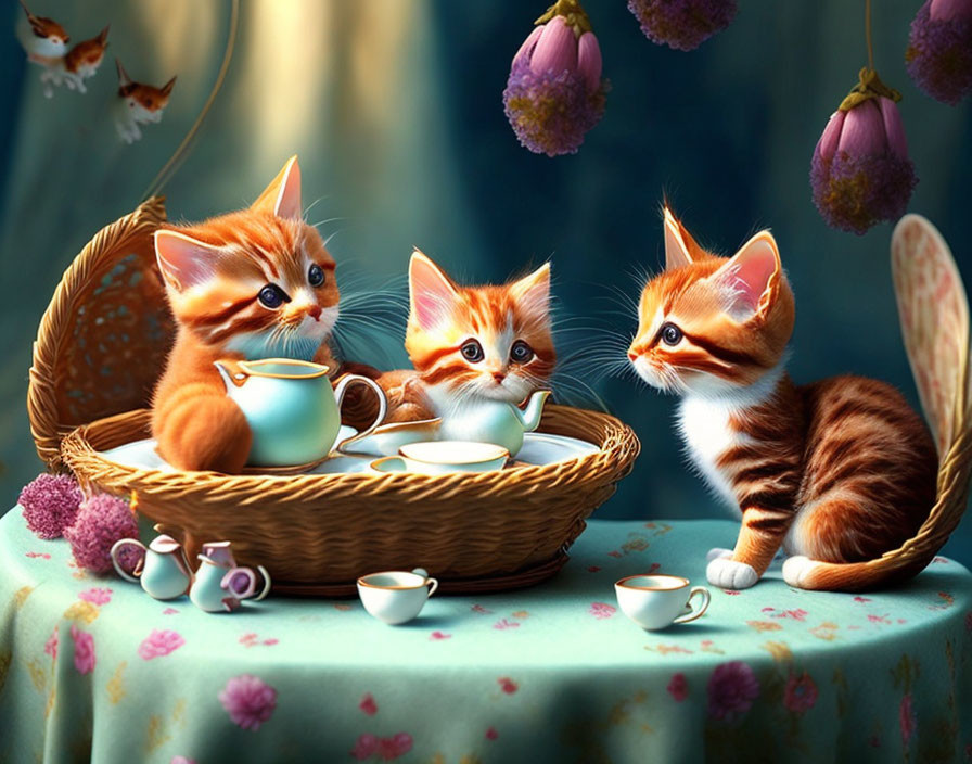 Three Cute Animated Kittens with Tea Set on Blue Table