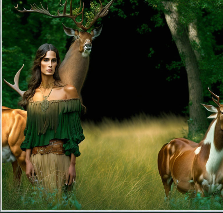 Woman in green off-shoulder top and brown skirt surrounded by deer and stag in forest clearing