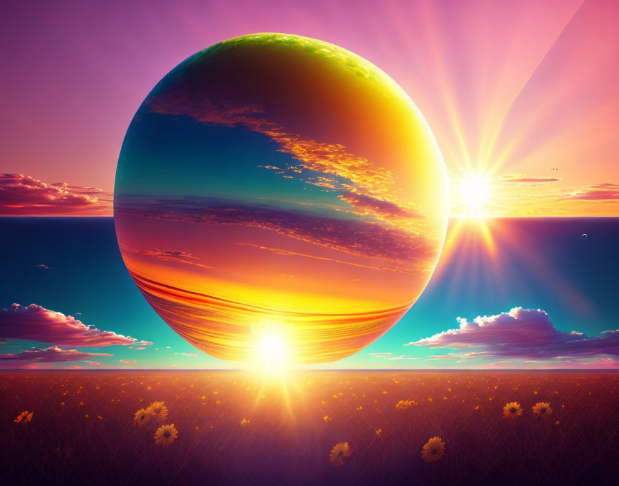 Surreal planet above vibrant sunset with flowers and shadows