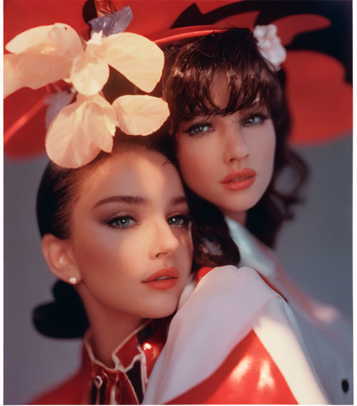 Artistic makeup and floral headpieces on two women in red and white outfits pose against a soft red