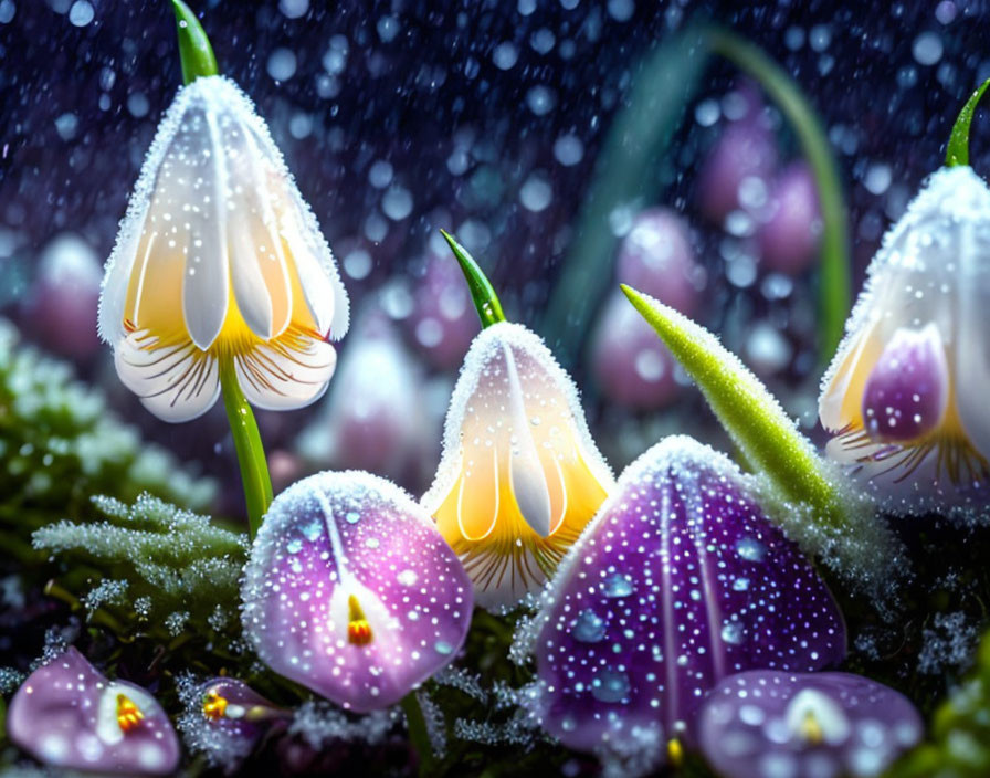 Glowing white and yellow bell-shaped bioluminescent flowers under starry night sky