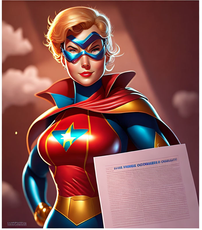 Female superhero illustration in blue and red costume with star emblem, golden hair, and confident gaze holding a