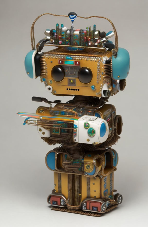 Colorful Robot Sculpture Made of Electronic Parts