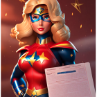 Female superhero illustration in blue and red costume with star emblem, golden hair, and confident gaze holding a