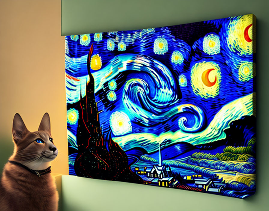 Cat observing swirling night sky canvas with bright stars and sleeping village