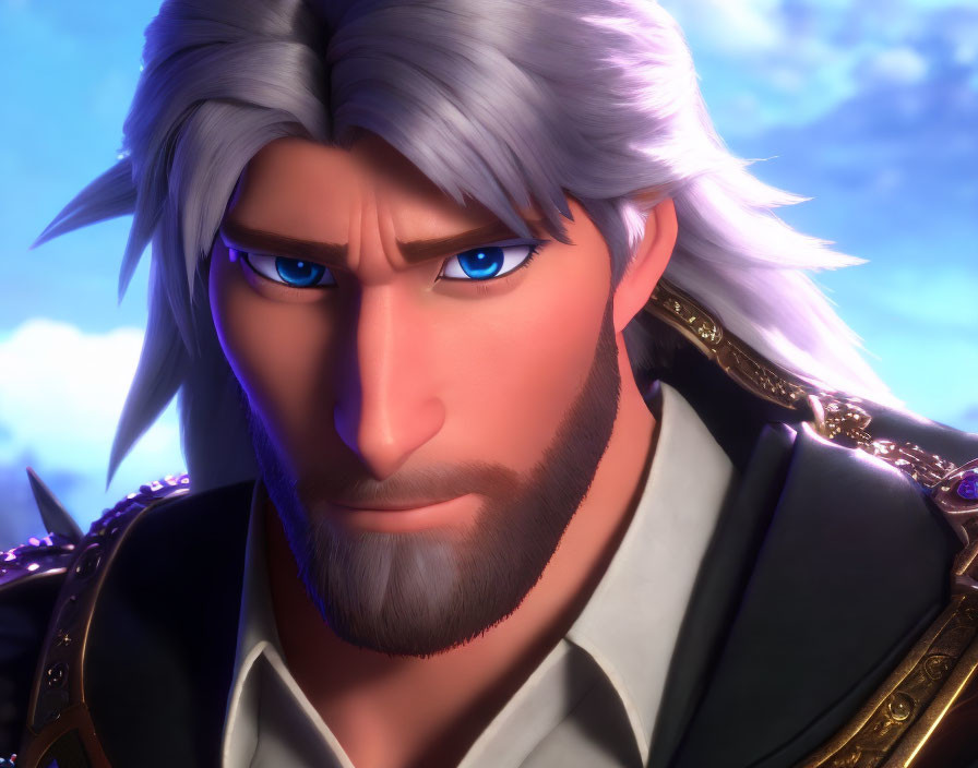 3D-animated male character with silver hair, beard, blue eyes, and gold-detailed armor