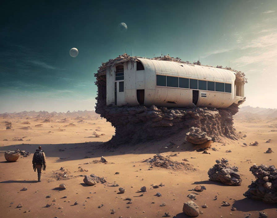 Person walking to abandoned futuristic bus in desert with distant planets visible