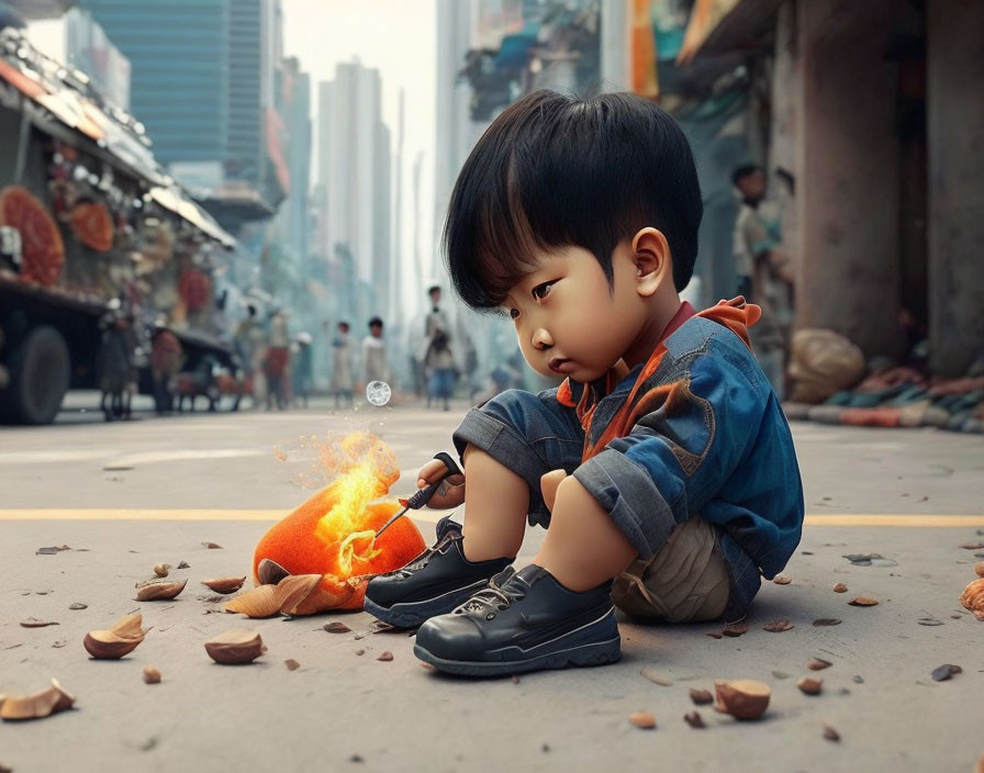 Child in denim jacket plays with fiery toy on urban street with floating bubble