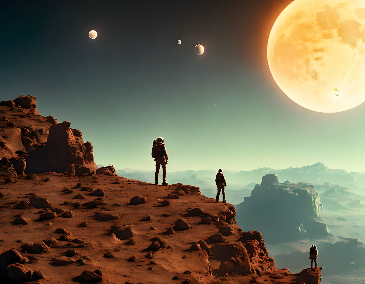 Astronauts on rocky alien planet under multiple moons