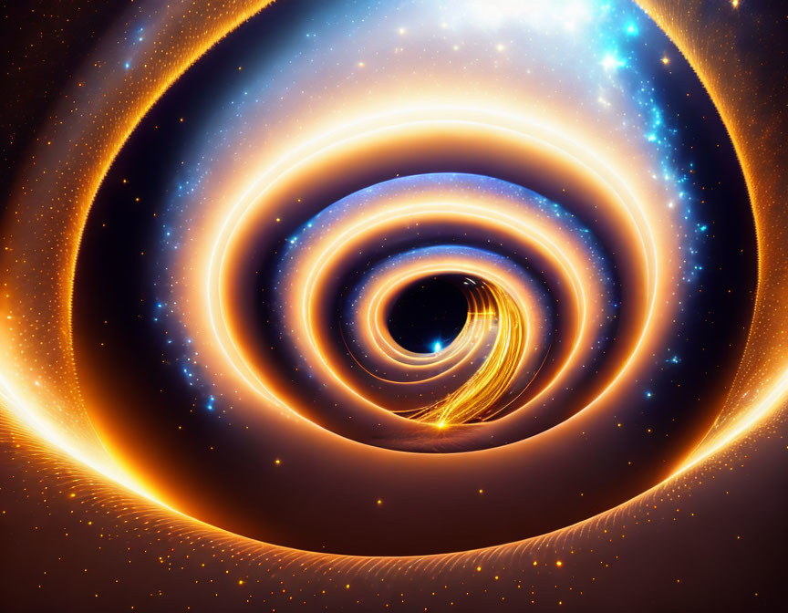 Spiral galaxy digital illustration with black hole emitting golden light