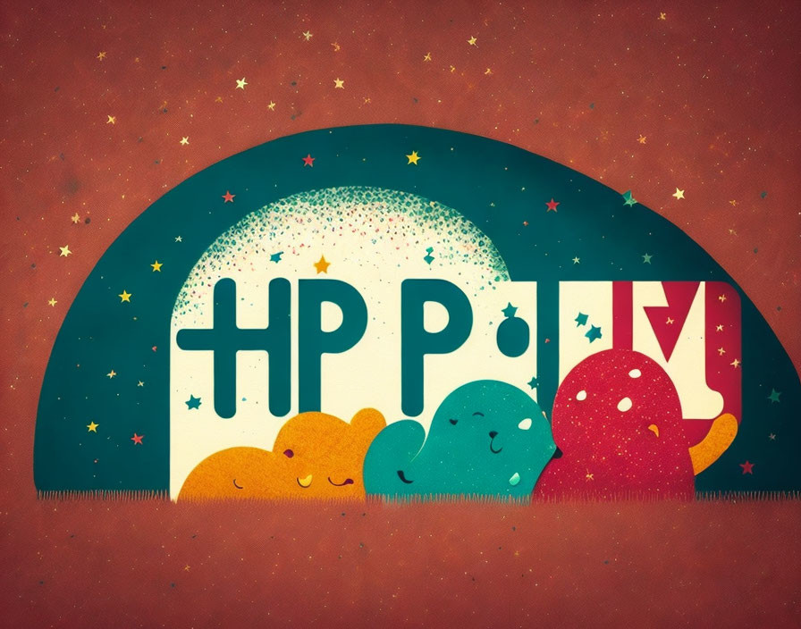 Colorful Cartoonish Illustration Spelling "Happy" with Smiling Creatures