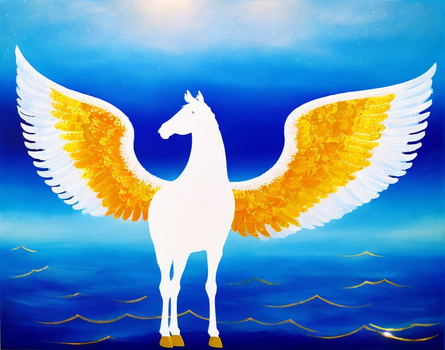 Winged white horse painting with golden wings in serene sky and water