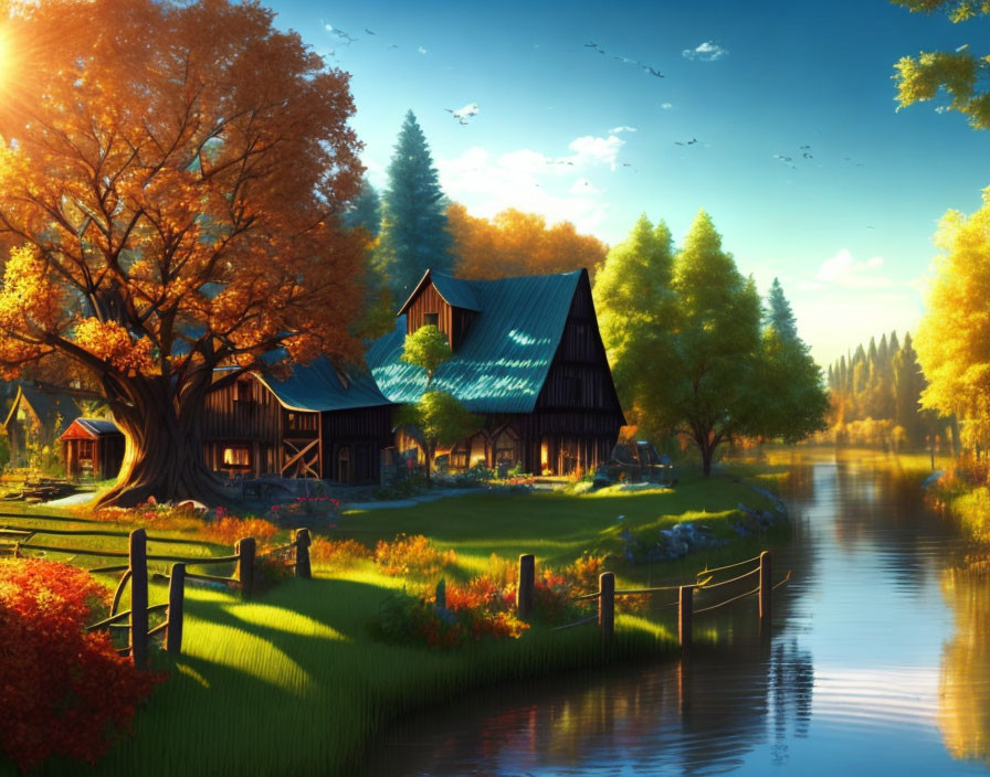 Vibrant autumn rural scene with wooden houses, river, birds, and colorful foliage