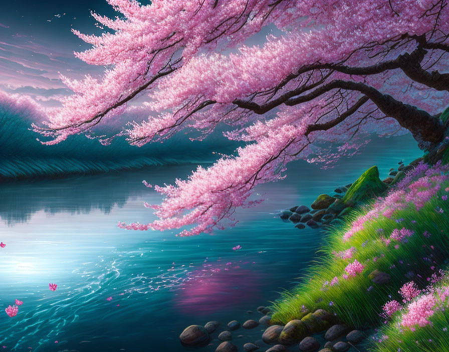 Tranquil twilight landscape with cherry trees and reflective lake