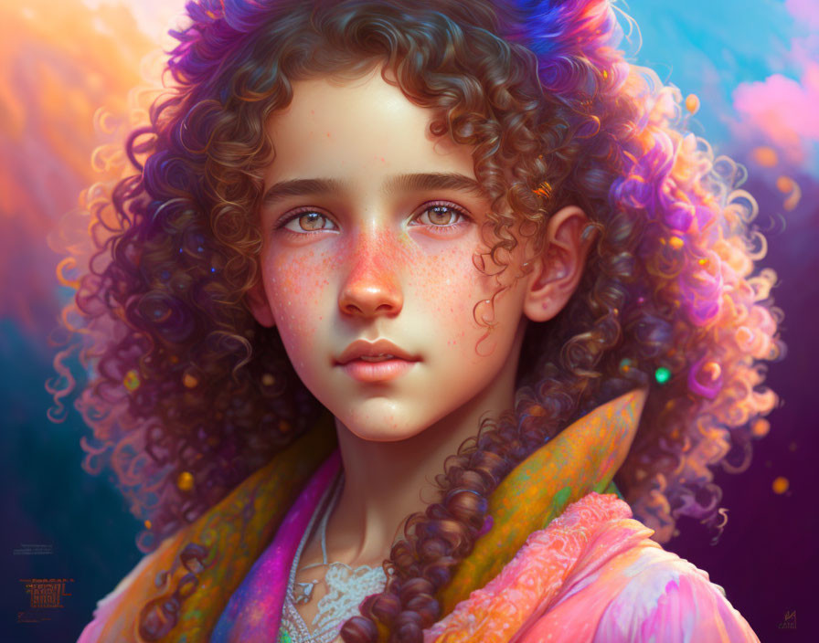 Young girl with curly hair and green eyes in colorful, warm-lit portrait.