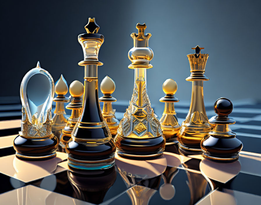 Ornate Golden and Silver Chess Set on Glossy Checkered Board