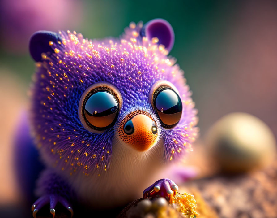 Vibrant illustration of a cute purple creature with glossy eyes and sparkling fur