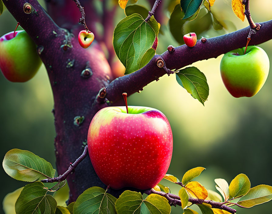 Fresh Red Apples Hanging on Tree Branches in Orchard