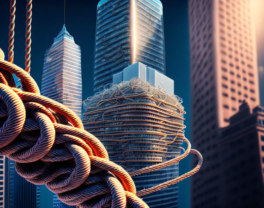 Surreal cityscape with twisted skyscrapers and large knot against blue sky