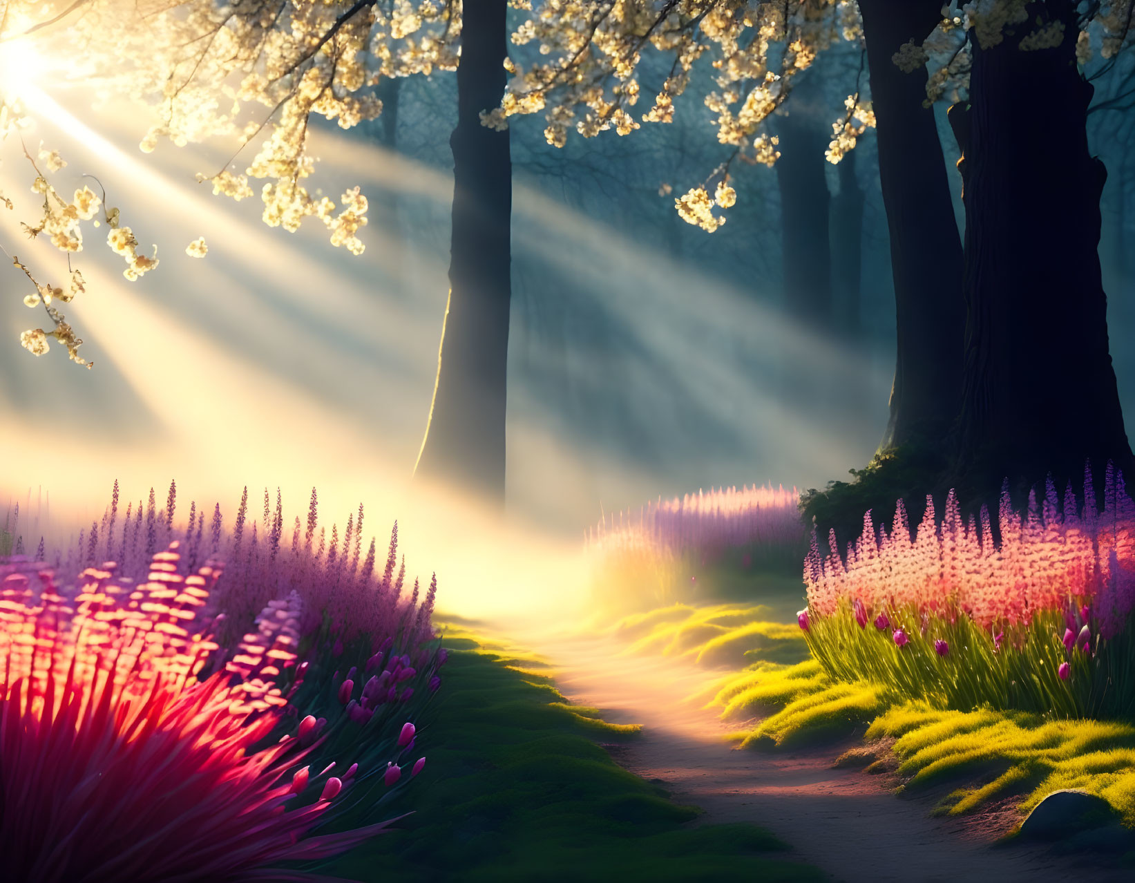 Tranquil forest path with sunlight and blooming flowers