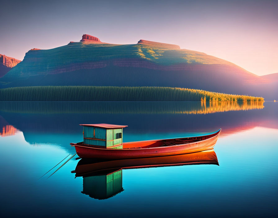 Tranquil lake scene with red boat, green hut, and mountain backdrop