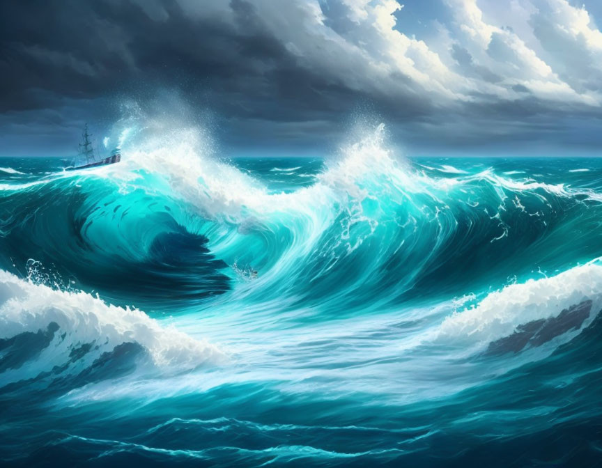 Digital painting of turbulent ocean with towering waves and distant ship under dramatic cloudy sky