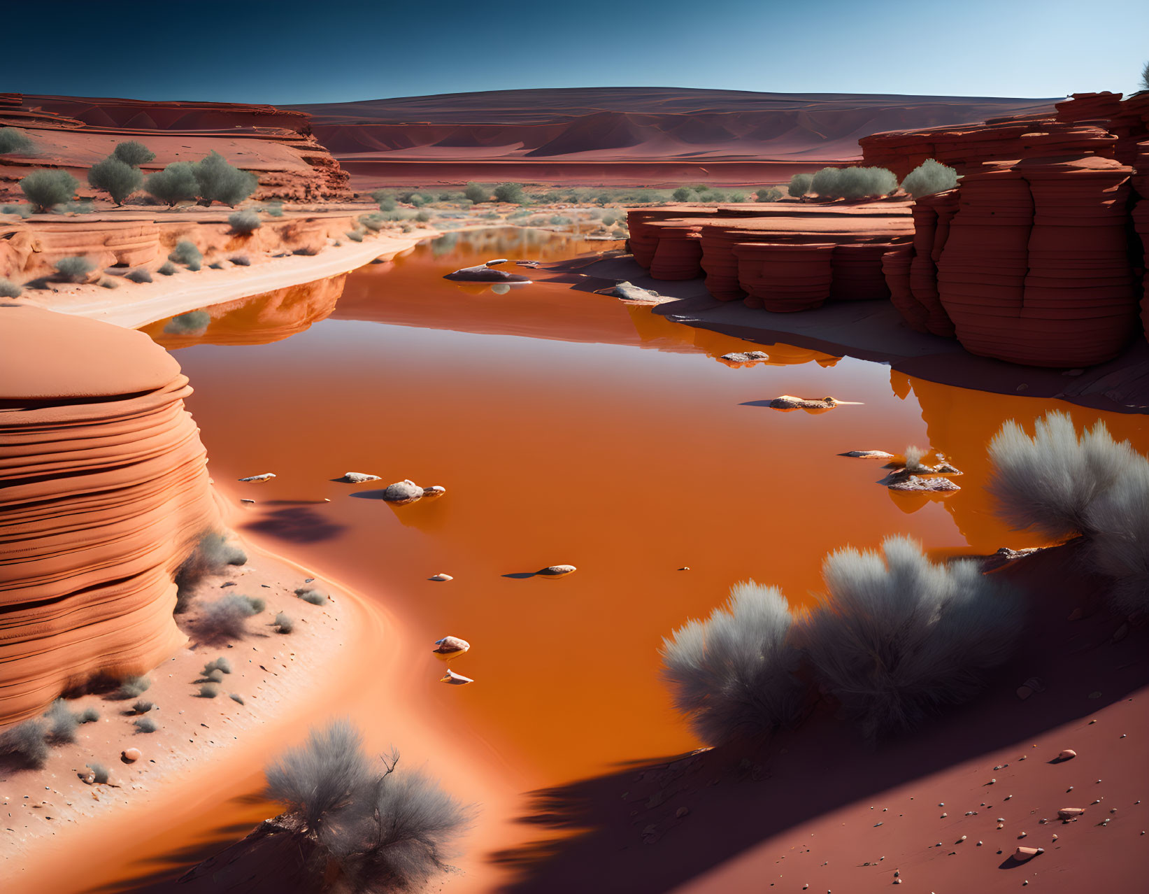 Desert landscape with red rock formations and orange water under blue sky